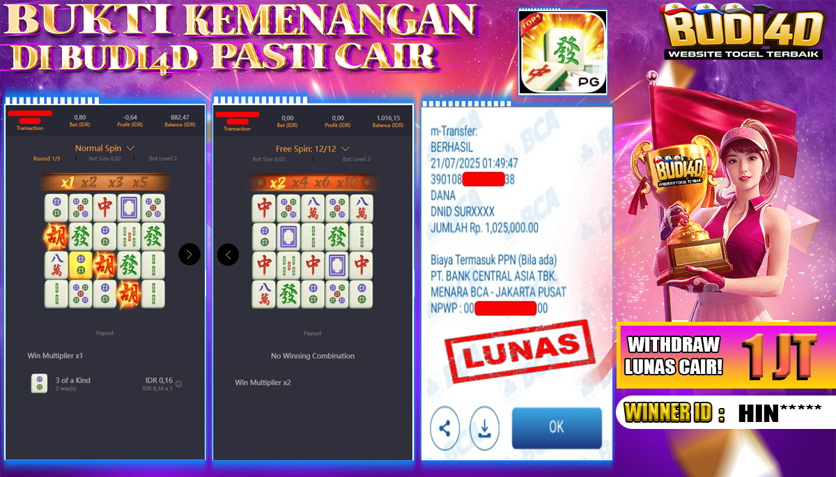 BUDI4D JACKPOT SLOT PGSOFT MAHJONG WAYS Rp.1.025.000,- LUNASS